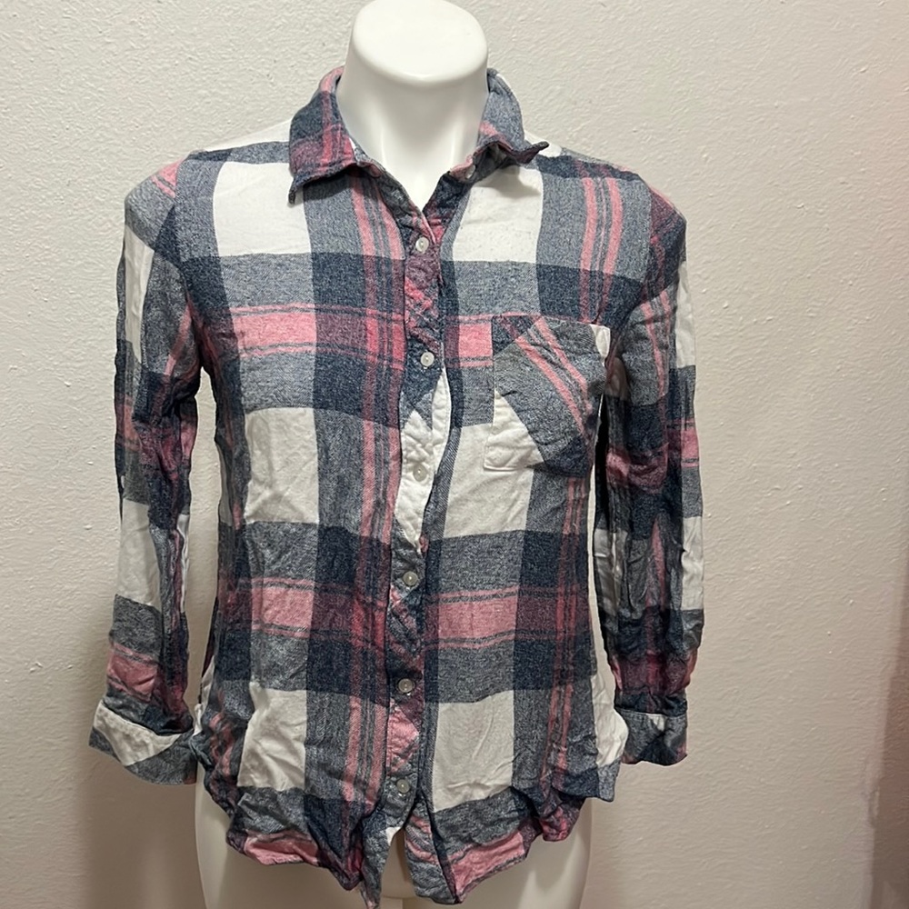 Cafe Marrakesh Flannel Button Down High Low Shirt Sz S